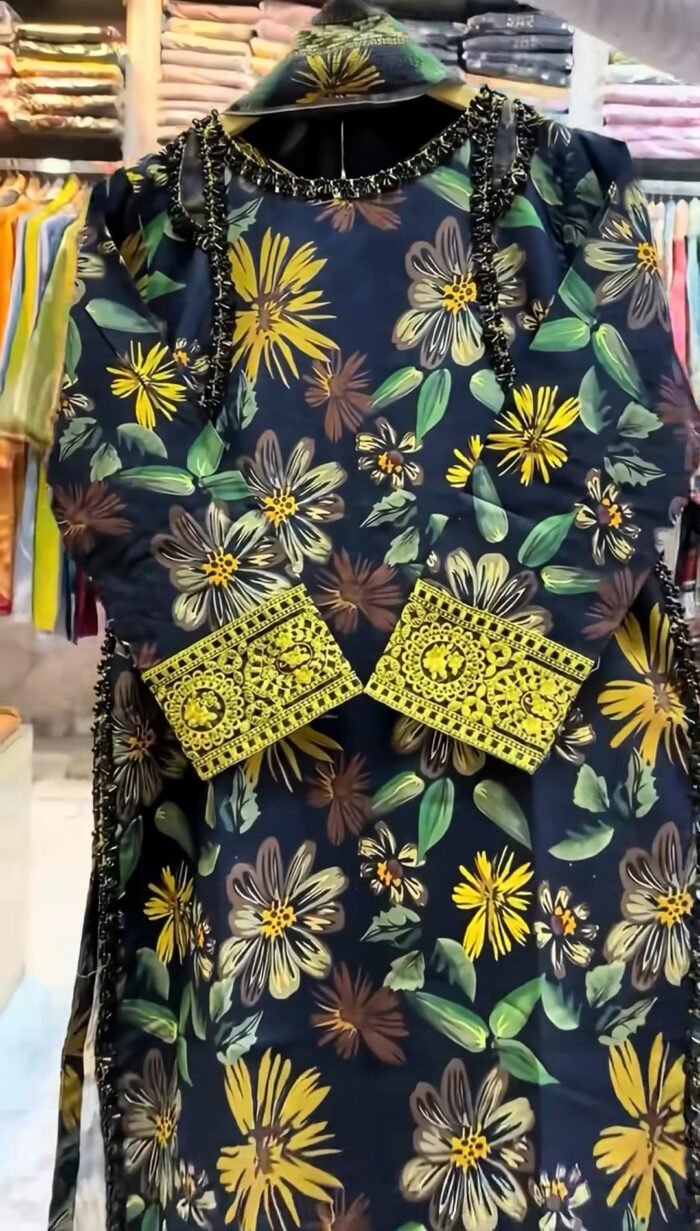 Black Floral Printed 3-Piece Suit with Yellow Printed Cuffs - Image 1