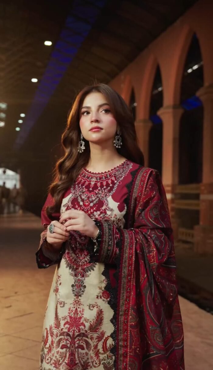 Elegant Maroon & Cream Printed Digital Printed 3-Piece Dress Set - Image 1