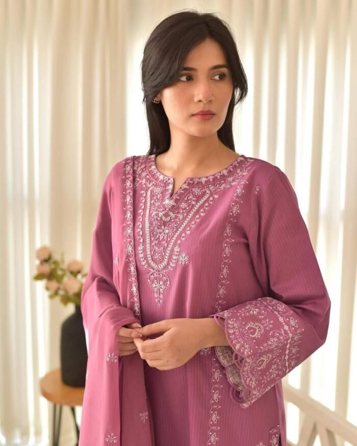 Elegant Embroidered 3-Piece Dress Set (Onion Color) - Image 1