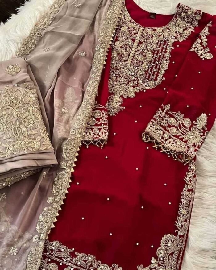 Embroidered & Stone Work 3-Piece Formal Dress Set - Image 5