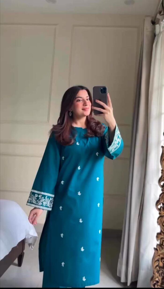 Teal Blue Embroidered Lawn 3-Piece Suit with Chiffon Dupatta - Image 1
