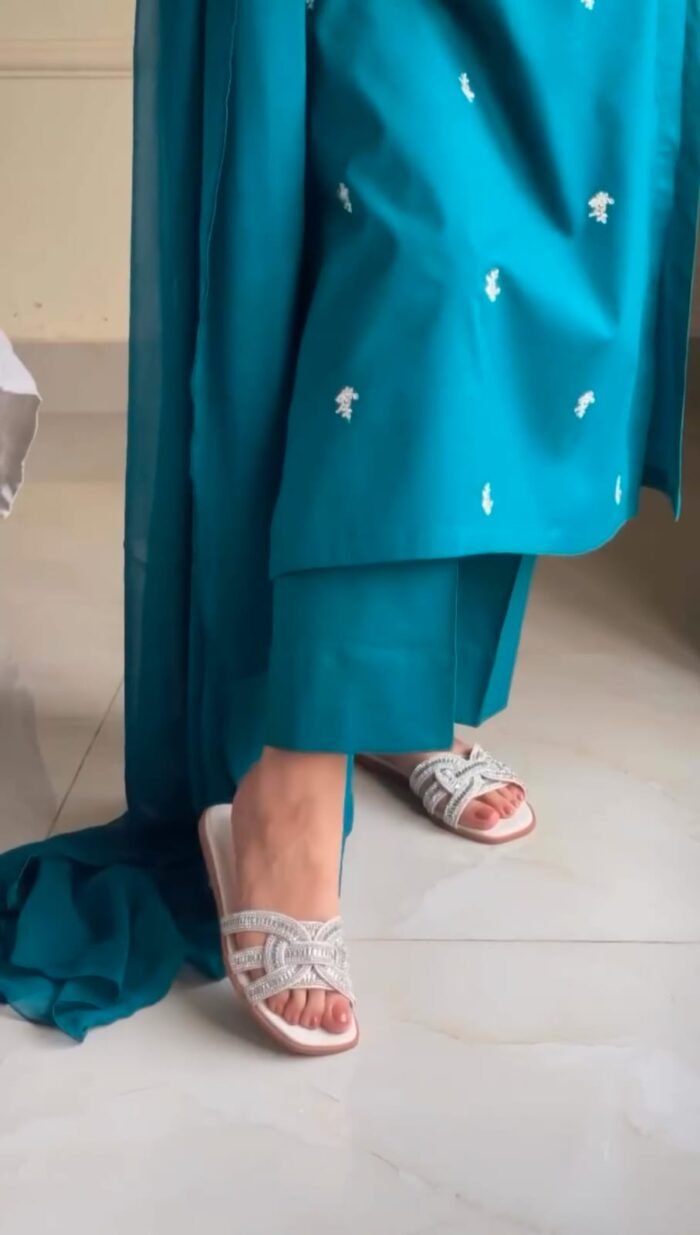 Teal Blue Embroidered Lawn 3-Piece Suit with Chiffon Dupatta - Image 5