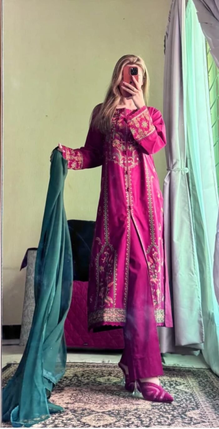 Luxury Embroidered 3-Piece Dress Set – Deep Magenta Edition - Image 2