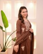 Embroidered Cotton 3-Piece Suit – Coffee & Orange (Dual Color Options) - Image 2