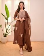 Embroidered Cotton 3-Piece Suit – Coffee & Orange (Dual Color Options) - Image 6