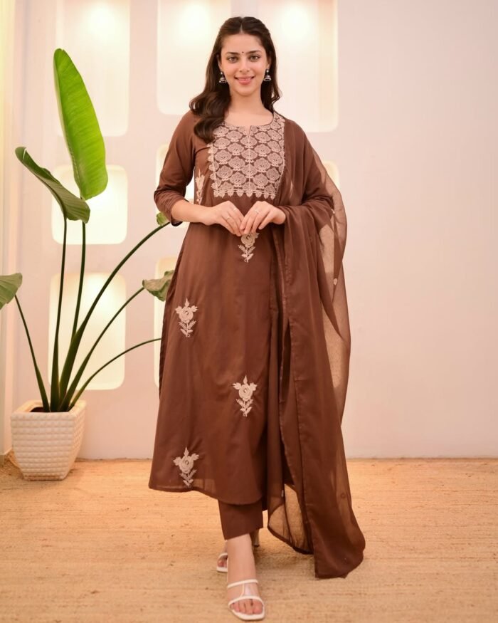 Embroidered Cotton 3-Piece Suit – Coffee & Orange (Dual Color Options) - Image 6