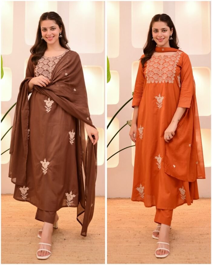 Embroidered Cotton 3-Piece Suit – Coffee & Orange (Dual Color Options) - Image 1