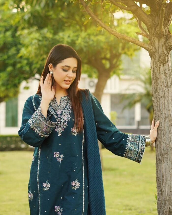 Embroidered Soft Cotton 3-Piece Suit-deep teal or dark turquoise - Image 1